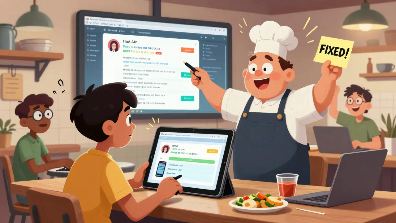 Student presenting a live food delivery app to a restaurant owner, with API errors visible on a dashboard in a vibrant kitchen.