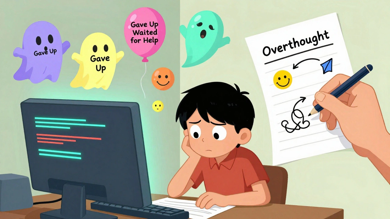 Student solving errors with pen and paper as cartoon ghosts of past failures float away peacefully.