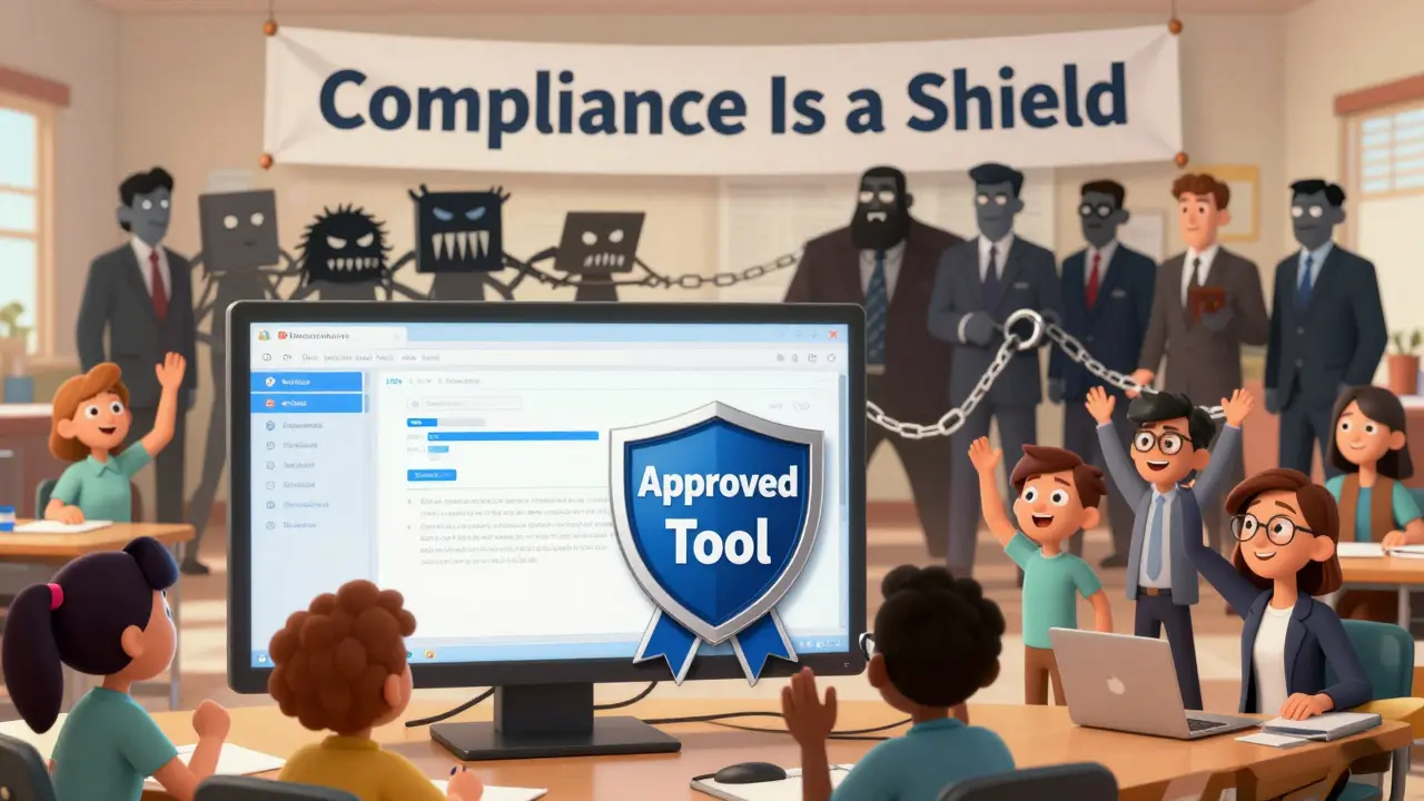 Students and teachers celebrate as approved tools are secured, while unapproved ones are dragged away by a compliance team.