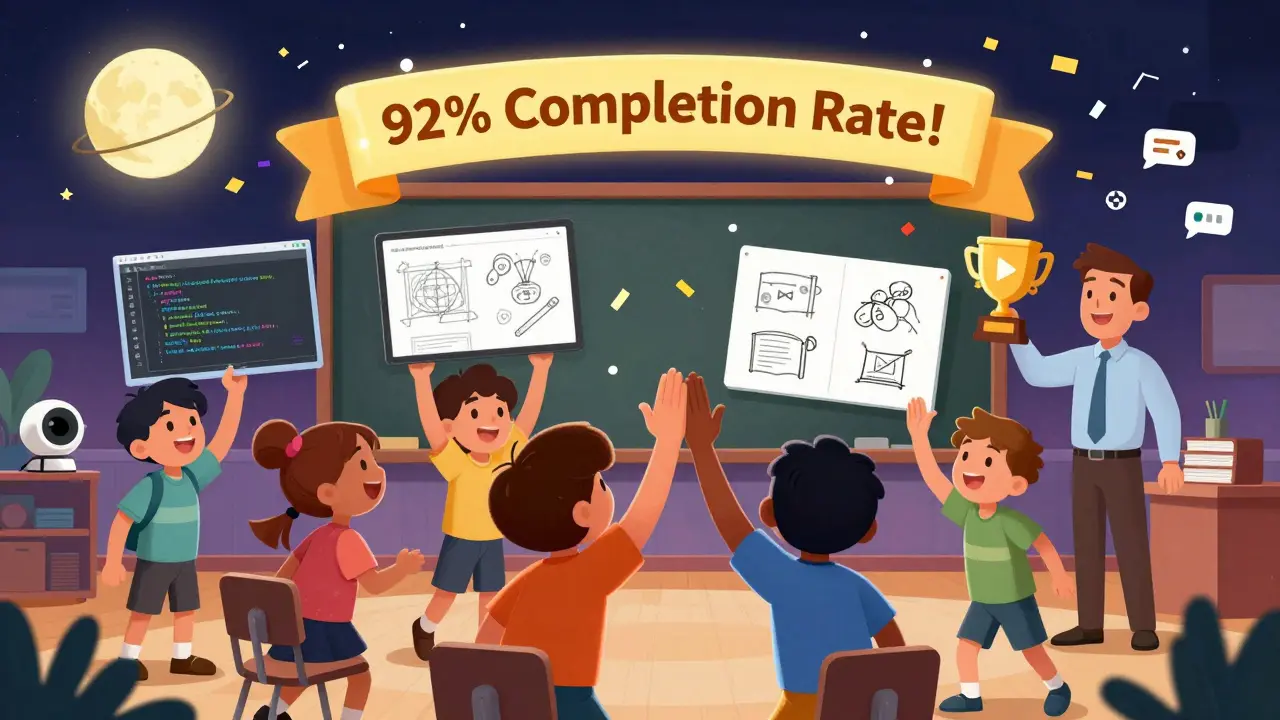 Students celebrating in a virtual space with project displays and a play-button trophy as confetti rains down.