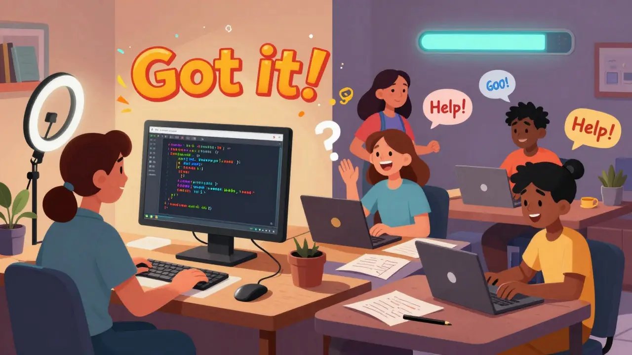 Teacher streaming coding lesson from home while students follow along on laptops with glowing chat reactions.