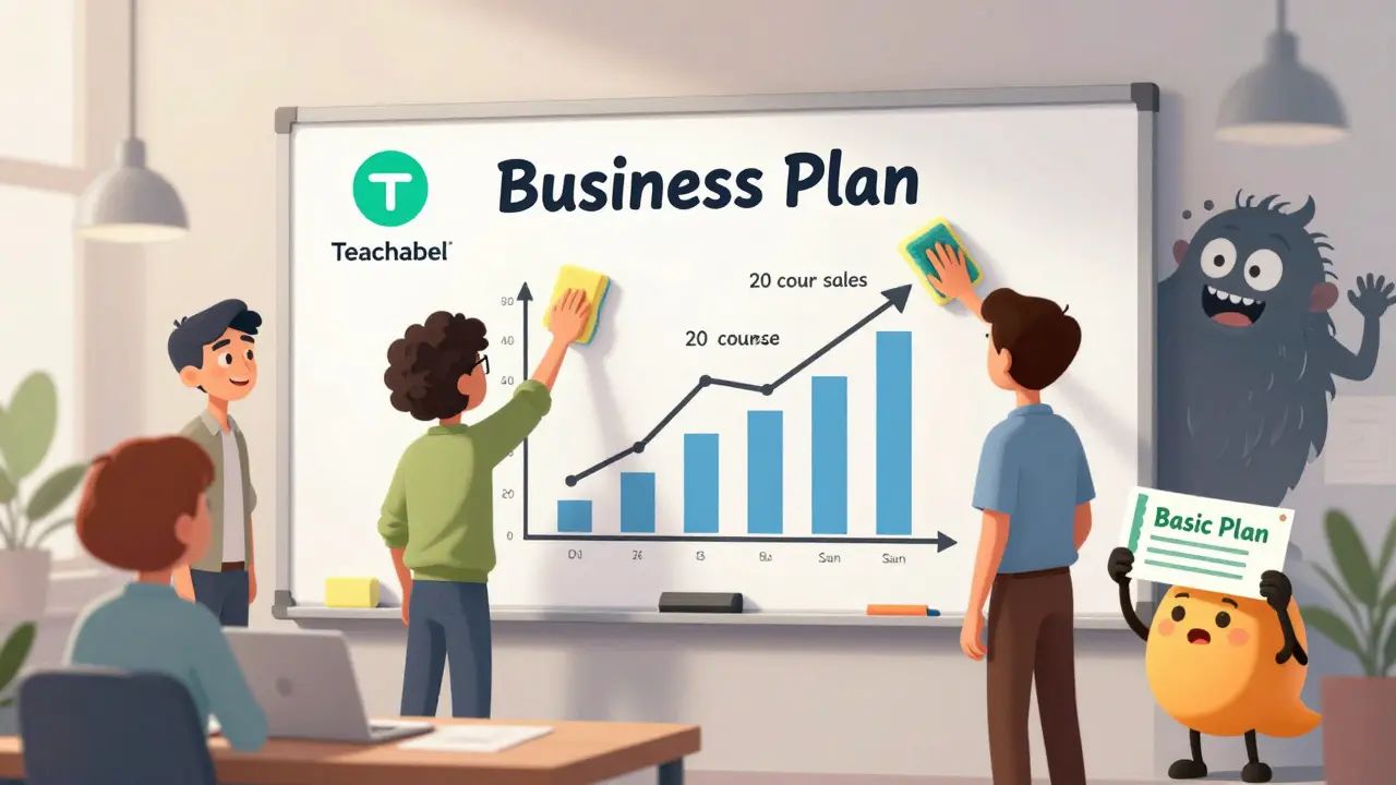 Team removes Teachable branding from a whiteboard while a graph rises, a chargeback monster looms nearby.