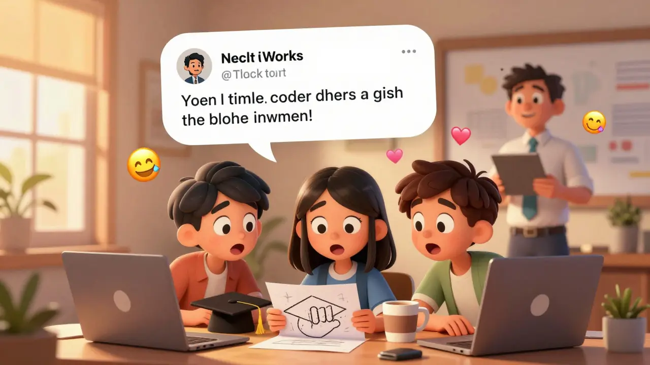 Three animated students in a virtual group chat sharing wins, with a friendly instructor’s message glowing above.