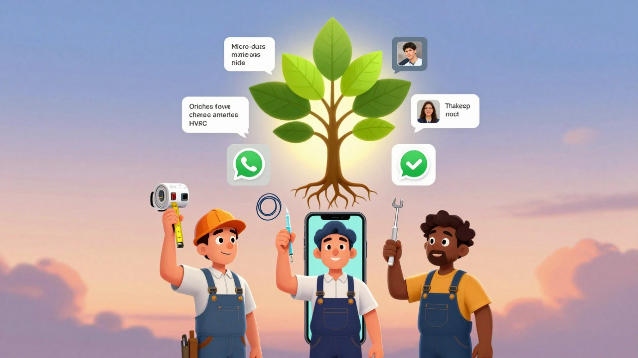 Three apprentices from different trades hold up completed tasks, connected by a glowing digital tree of support.