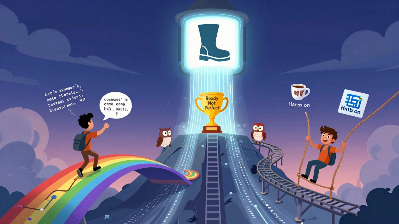 Three learners approaching a glowing bootcamp portal via creative code-themed paths.