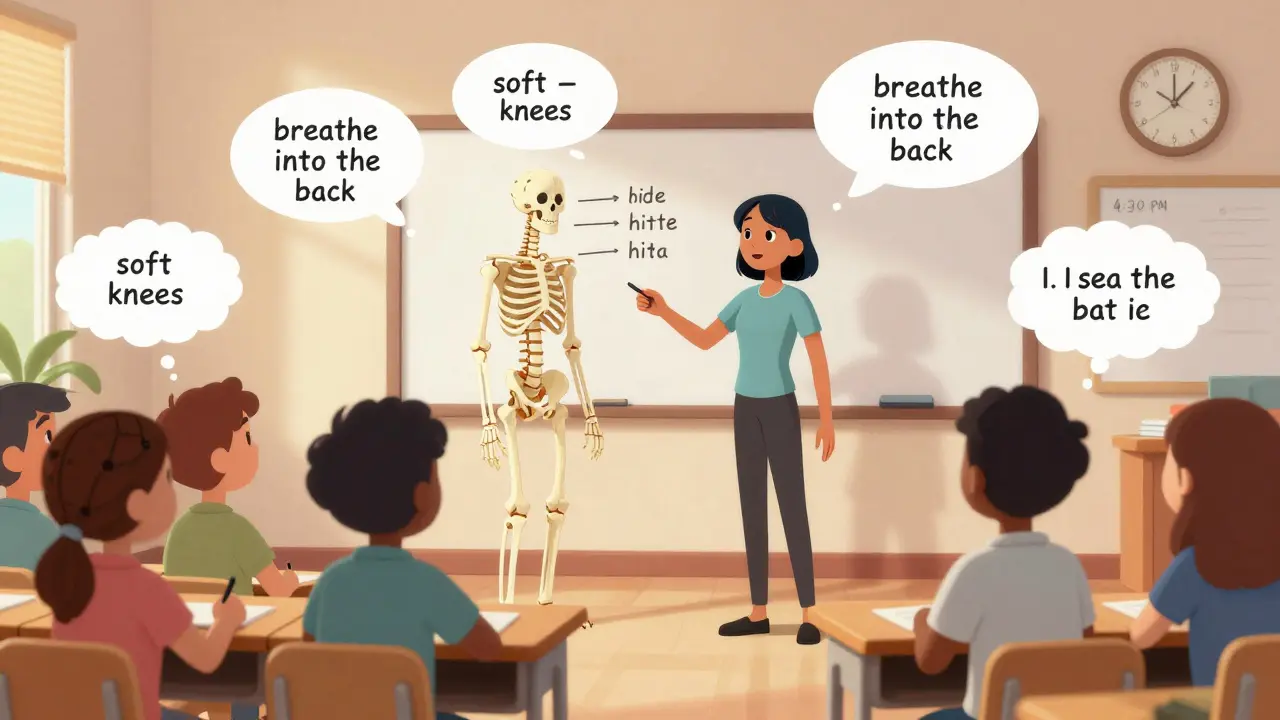 Trainee teaching a class with a skeleton model and whiteboard cues nearby