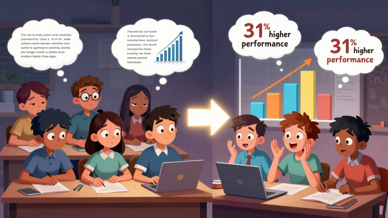 Two groups of students compare learning methods—one bored, one engaged—with a rising performance graph above.