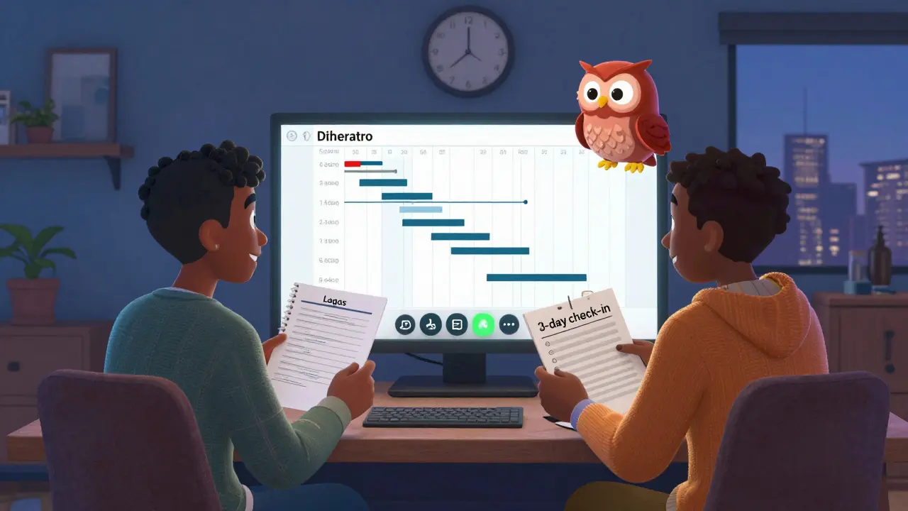 Two learners from different countries video-calling while holding Gantt charts, symbolizing peer accountability.