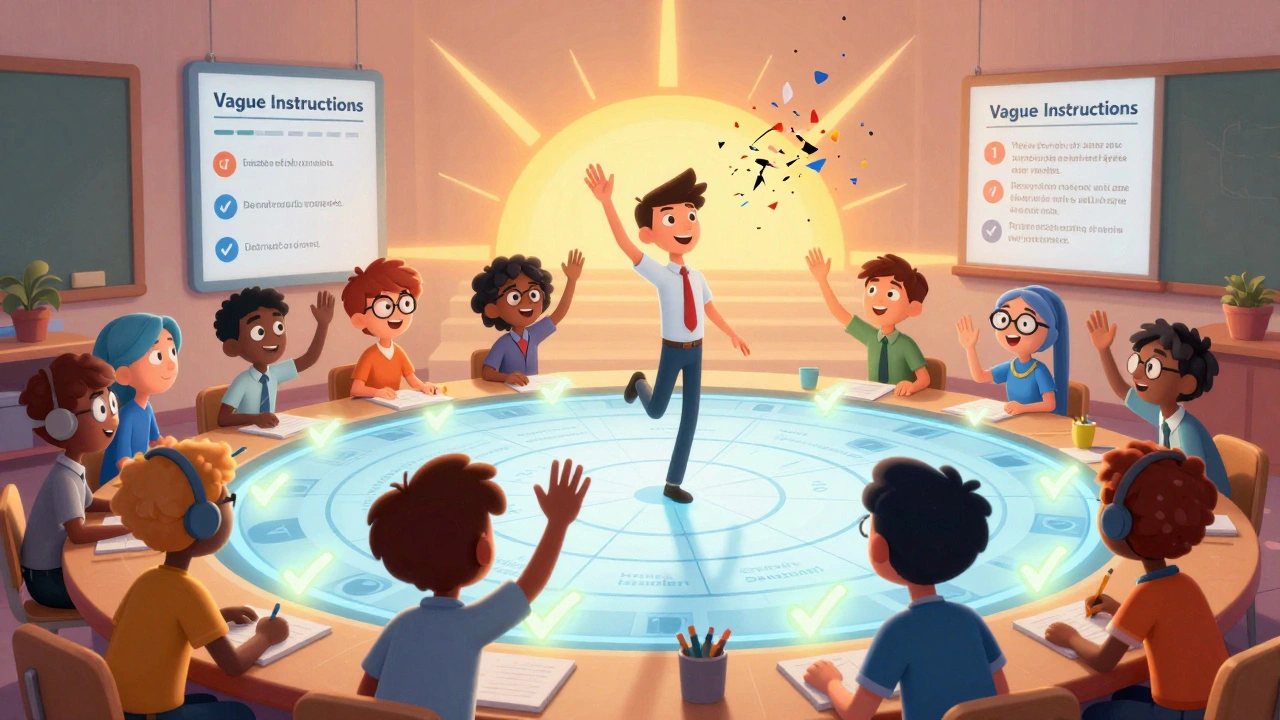 Virtual students high-five around a giant interactive rubric table with glowing checkmarks.
