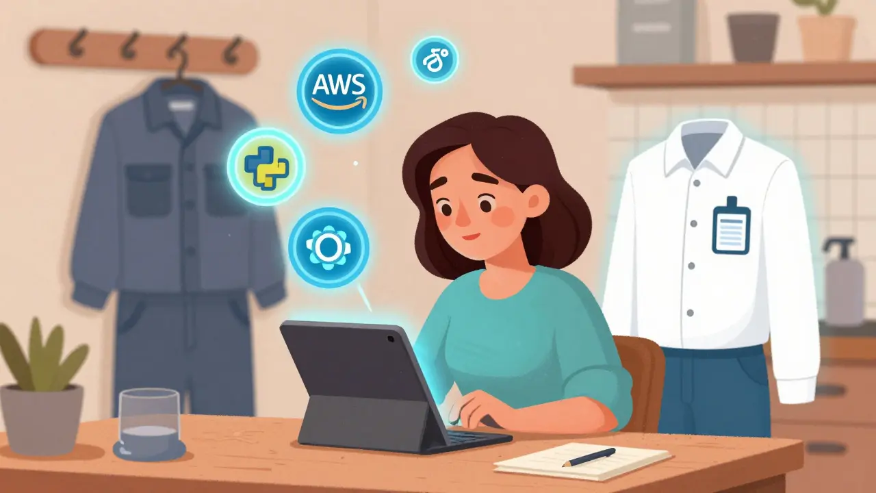 Woman completing a robotics micro-credential on her tablet, with holographic badges appearing above her as her new uniform forms nearby.