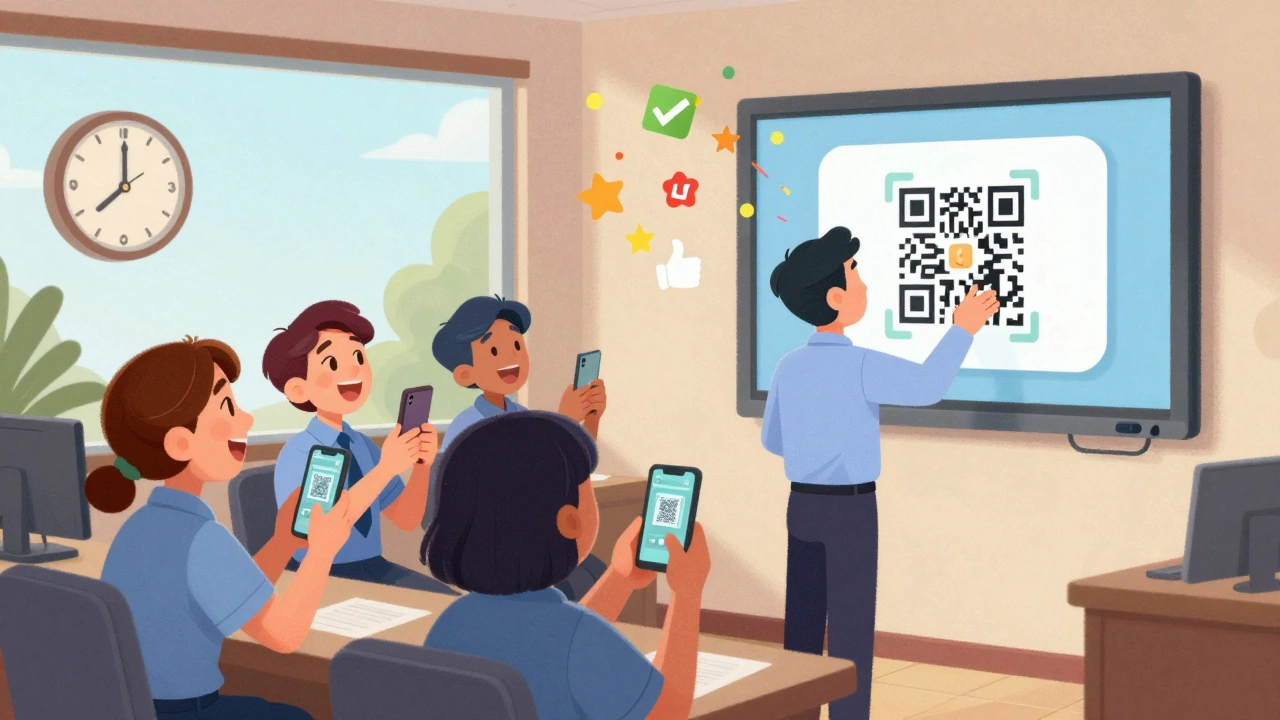 Workers in uniform gathering around a QR code that projects a short safety video, with cheerful expressions and floating progress icons.