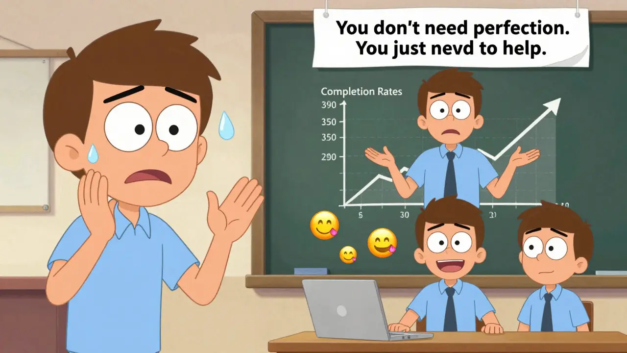 A before-and-after scene showing nervousness transforming into confident teaching, with rising completion rates and positive symbols around them.
