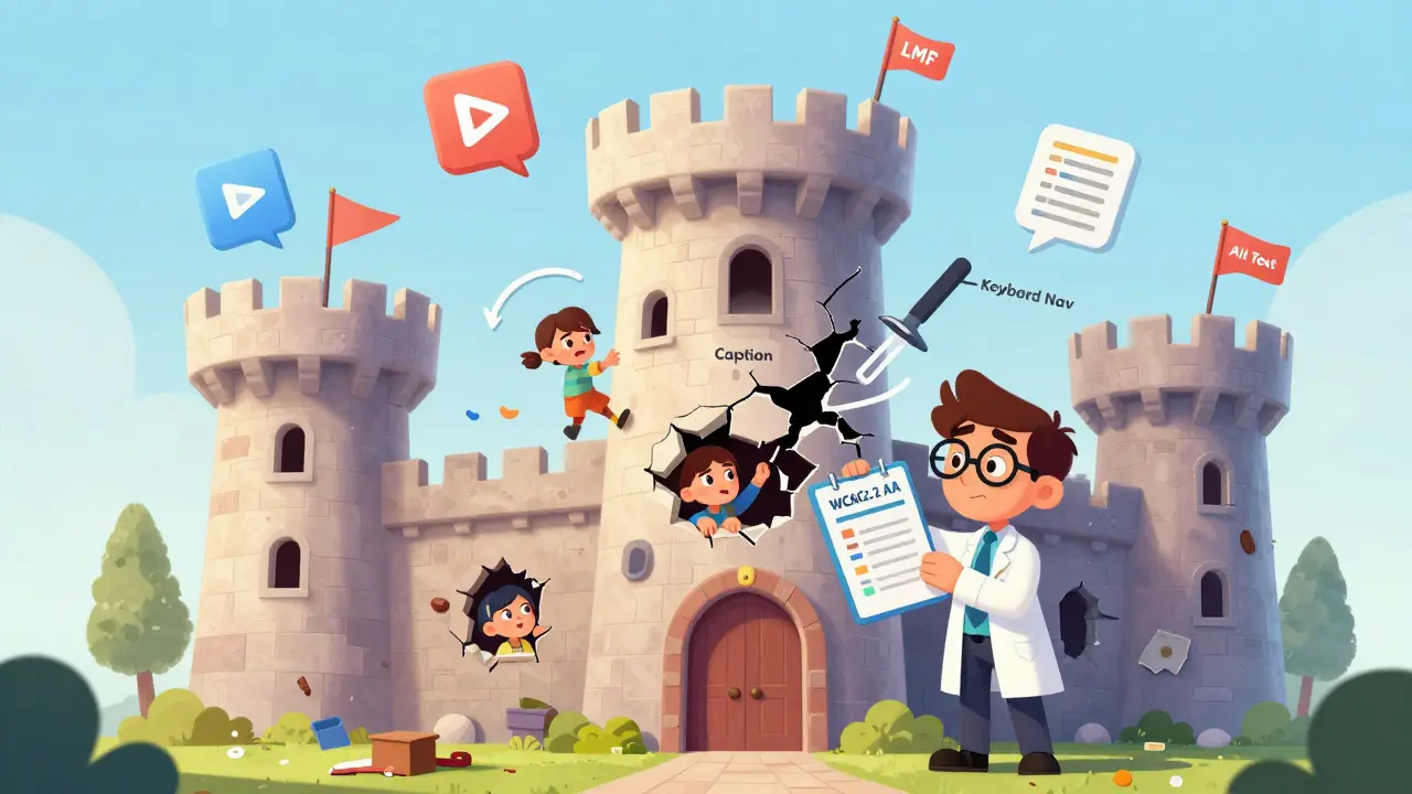 A castle-shaped LMS is being repaired with tools for captions and keyboard navigation, while learners watch hopefully.