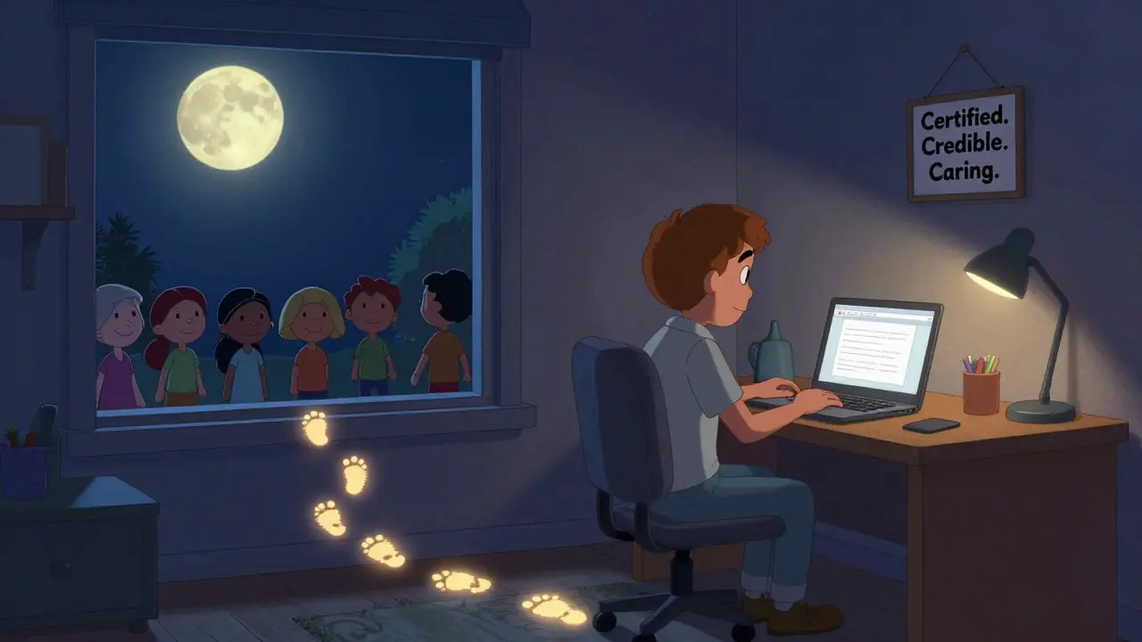 A coach at home with glowing footprints leading to a waiting list of clients