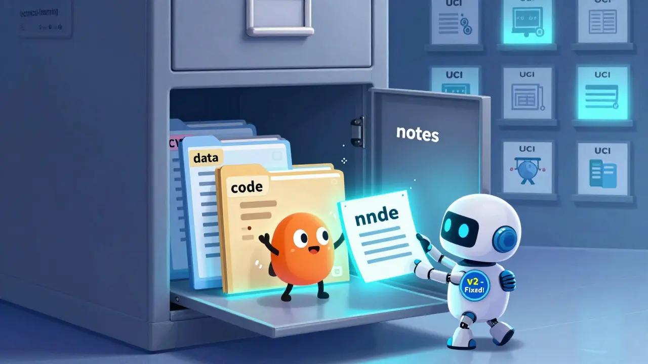 A digital filing cabinet opens to reveal organized data and code folders with friendly animated files.