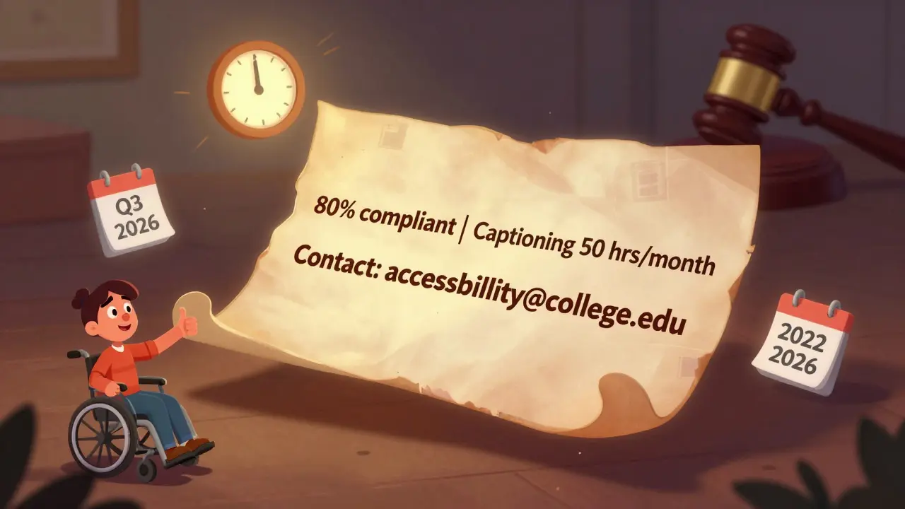 A glowing accessibility statement scroll shows progress metrics and contact info, pushing away a distant legal gavel.