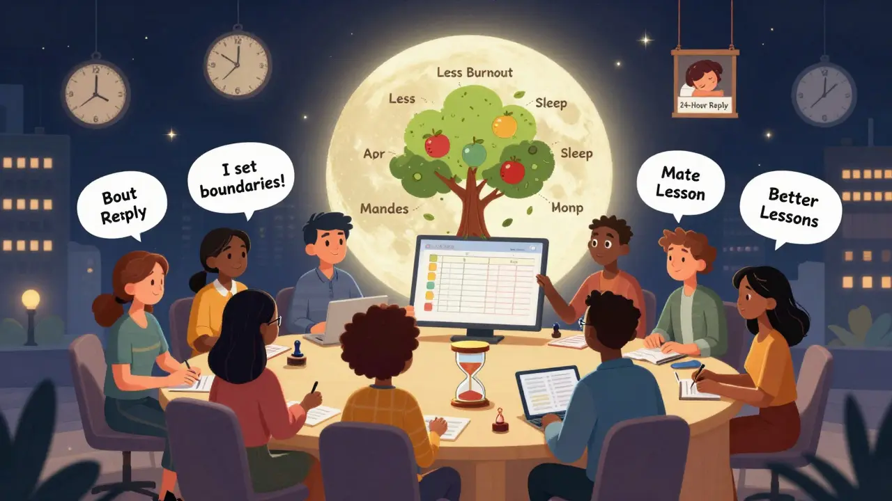 A group of instructors sharing time-saving tools under a moonlit sky, symbolizing reduced burnout.