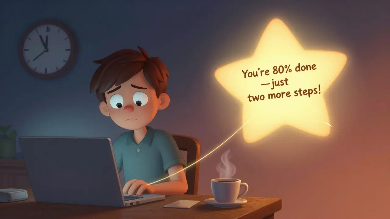 A learner pulled toward their laptop by a glowing star nudge that says 'You’re 80% done—just two more steps!'
