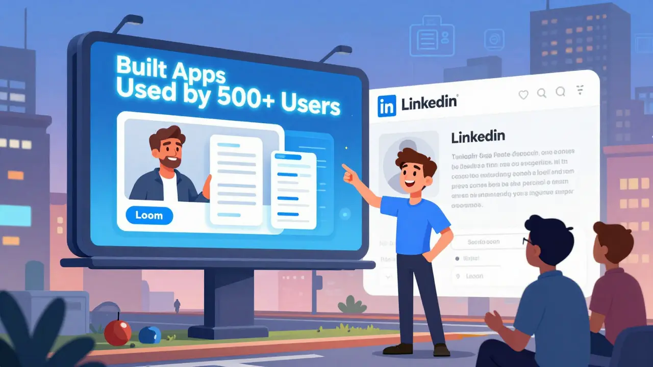 A lively LinkedIn profile with video and headline shining like a billboard on a city street.