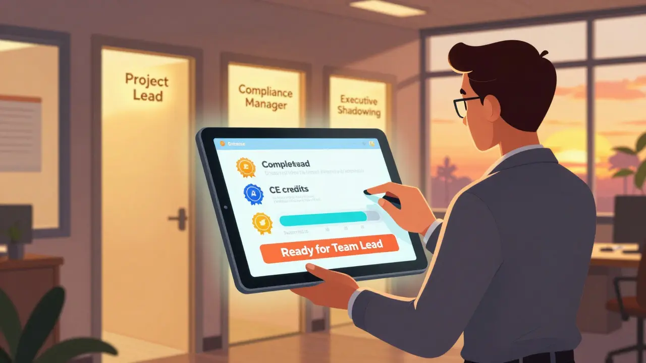 A manager viewing an employee's career path dashboard with glowing role options.