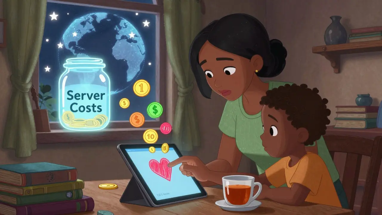 A mother in Kenya learns to code as her child draws a heart that releases donation coins into a glowing jar.