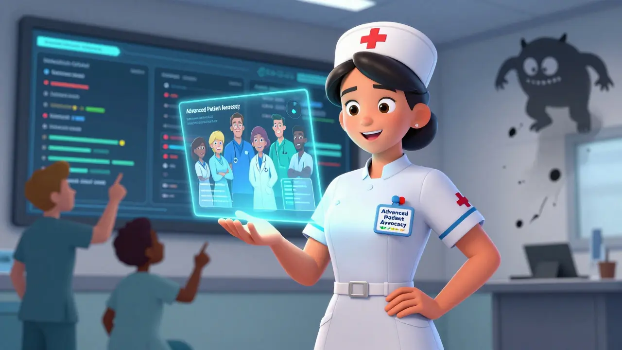 A nurse showing a glowing badge that transforms into a hologram of happy patients.