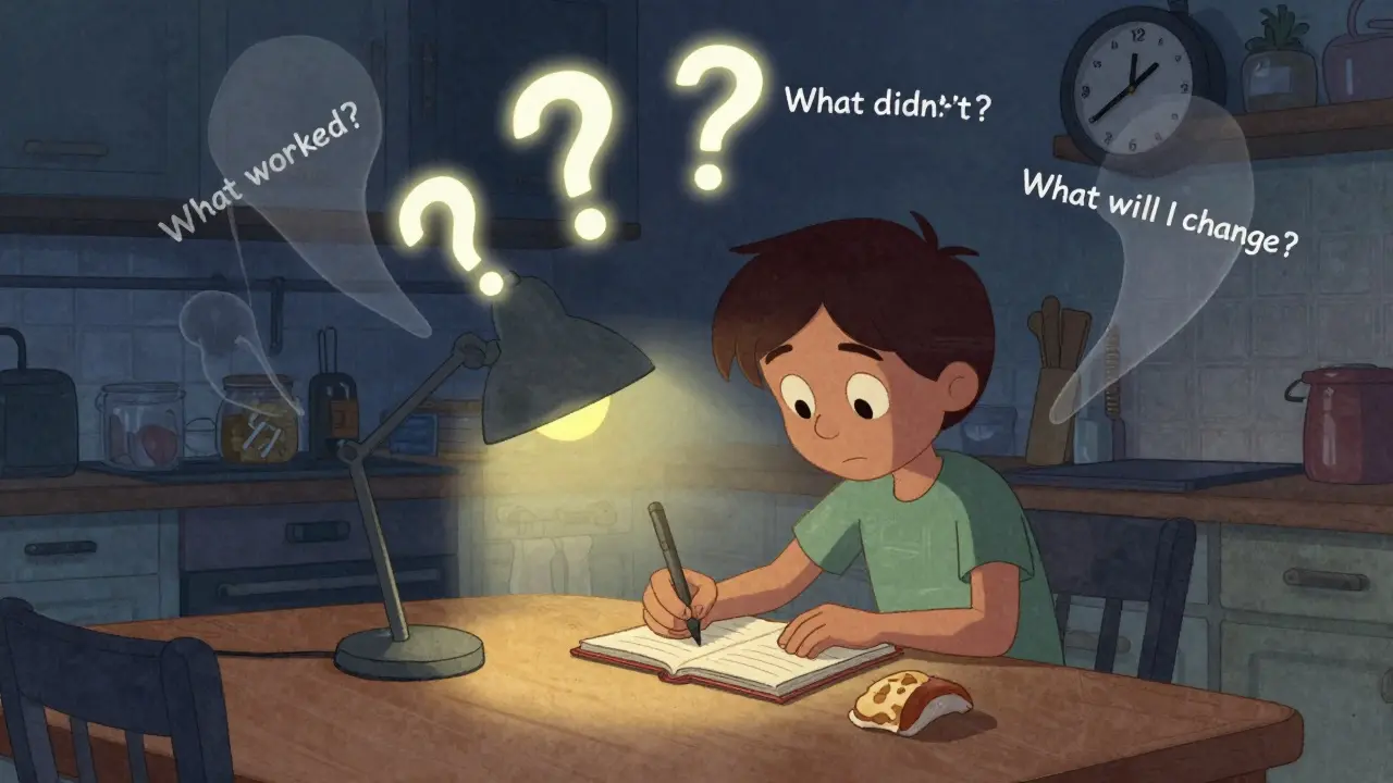 A person reflecting at night with three questions floating above a notebook.