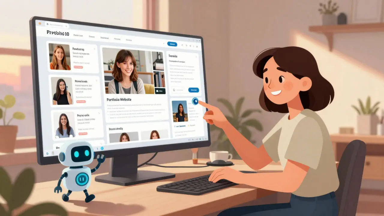 A photographer updating her portfolio website with floating CMS collections showing photos and blog posts.