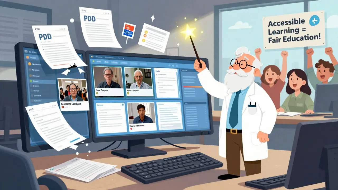 A professor surrounded by inaccessible digital tools being transformed by an accessibility wizard.