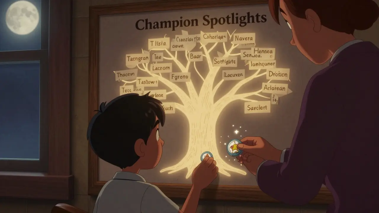 A quiet learner receives a badge as their guide becomes part of a glowing recognition tree.