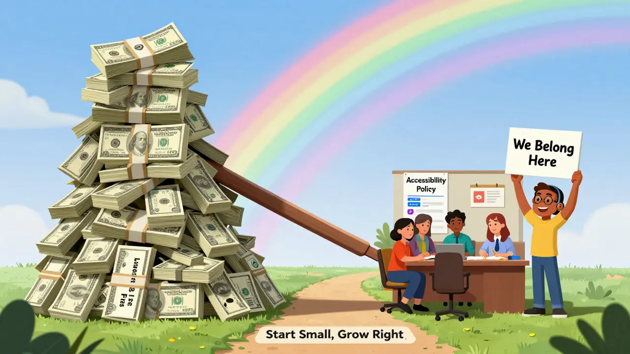 A scale tipping from lawsuits to affordable accessibility training with a hopeful student holding a sign.