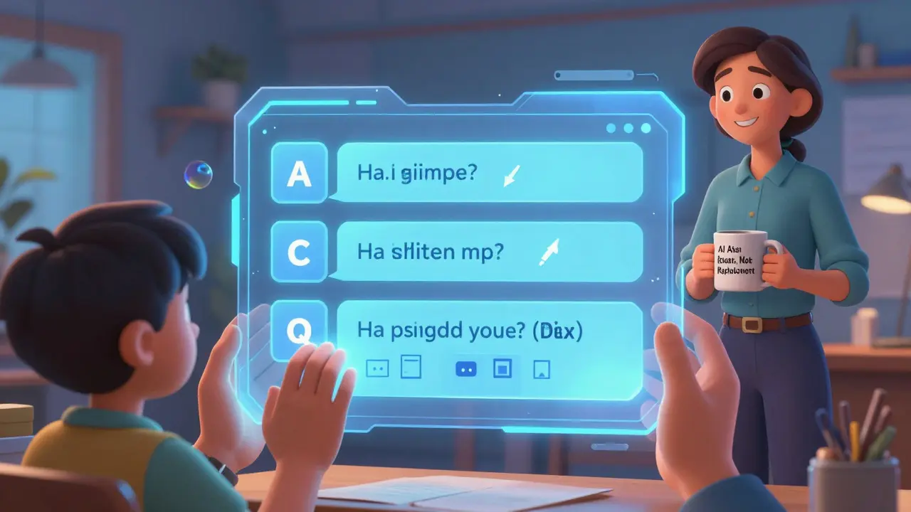 A student interacts with an adaptive quiz that changes based on answers, guided by a supportive AI tutor.