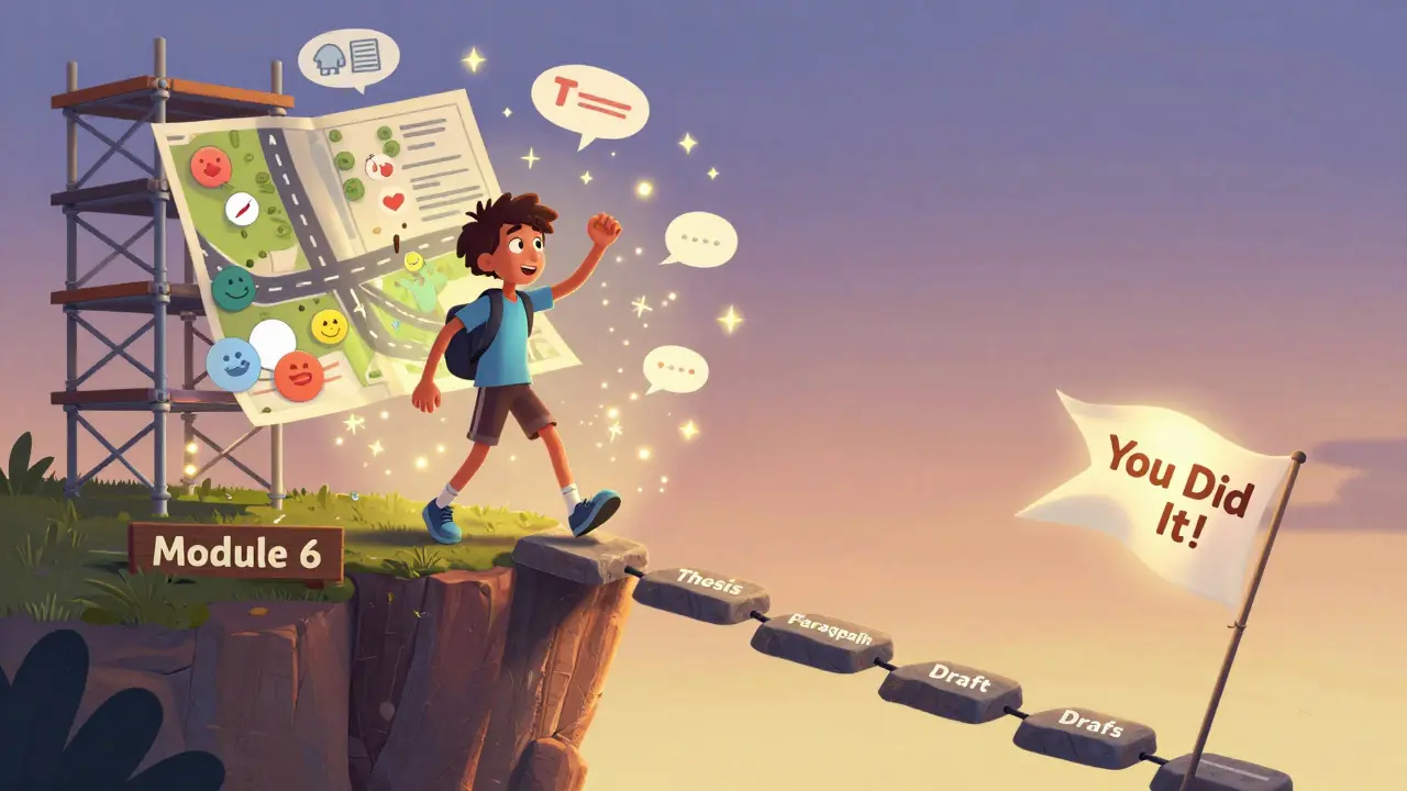 A student steps confidently off a cliff as scaffolding dissolves into golden sparks, walking a path of learning milestones toward a victory flag.