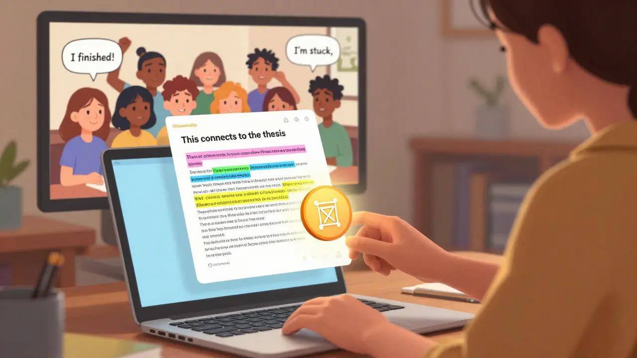 A teacher places a glowing video icon above a laptop, showing an annotated essay, while a warm peer check-in group appears in a Zoom window.