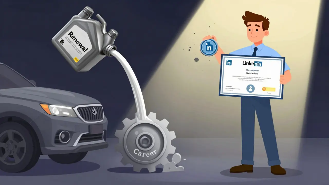 A worker removes an expiring credential while another proudly displays a renewed one, symbolized by an oiling car engine.