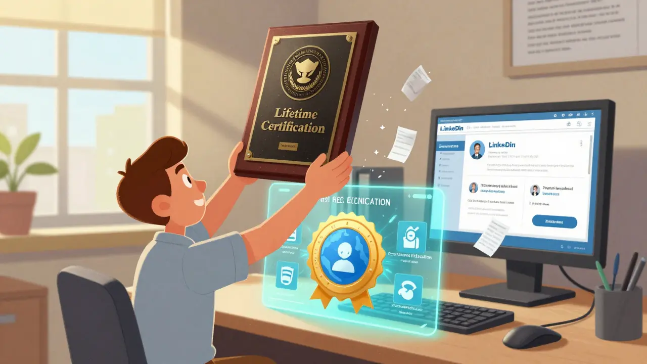A worker replacing an outdated certification with a dynamic, evolving professional badge.