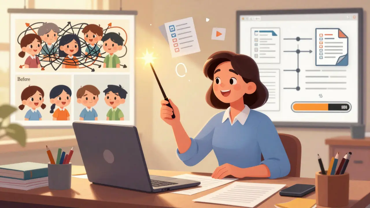 An instructor turning chaos into order with magic templates glowing on a desk.