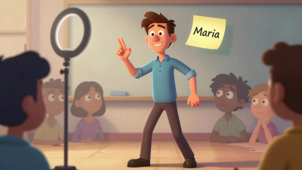 An instructor uses gentle hand gestures while standing, speaking warmly to a sticky note with a name, soft lighting highlighting their face.