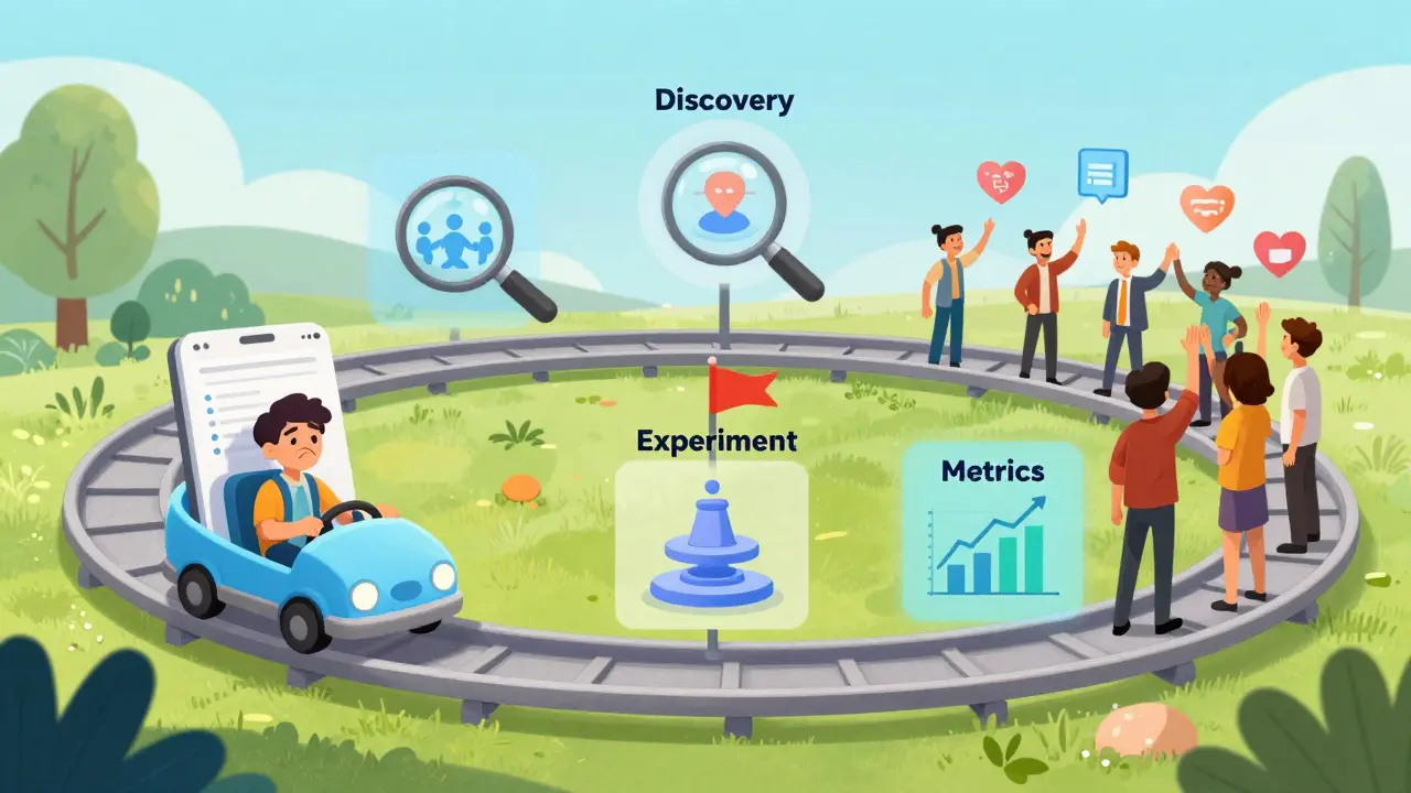 Circular rollercoaster showing the product discovery-to-metrics loop with smiling users and teams.