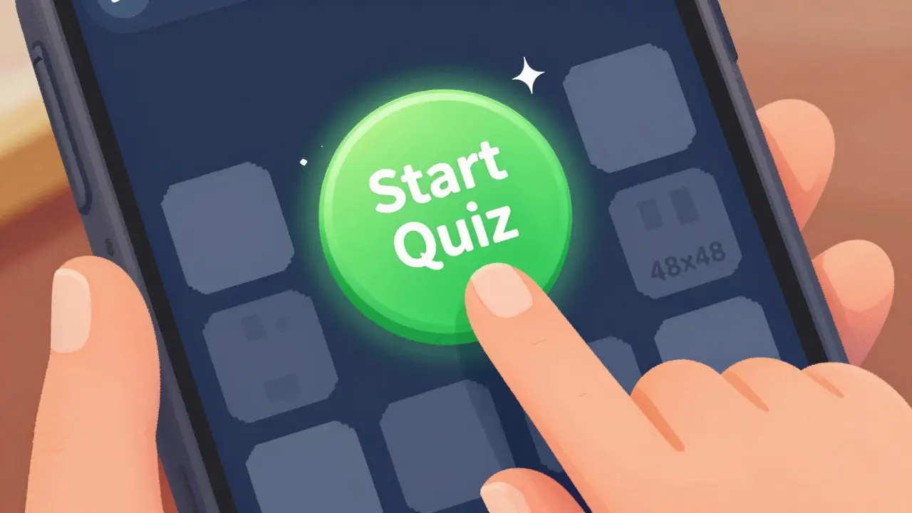 Close-up of a large, glowing 48x48 pixel button being tapped with clear spacing between interactive elements.