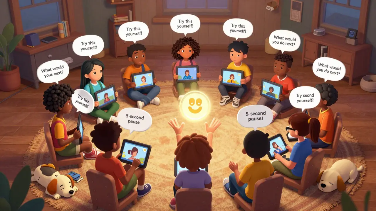 Learners pause a video to respond to interactive prompts, with a warm instructor's hands gesturing nearby and a dog sleeping on the floor.