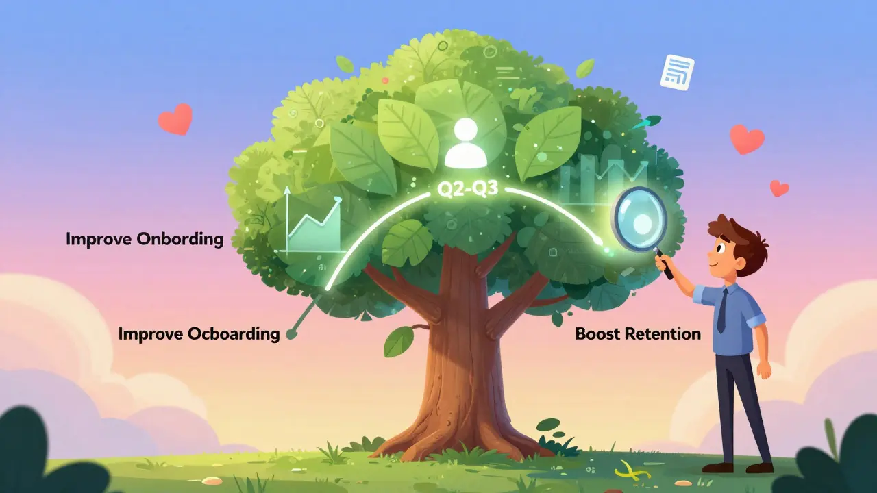 Living roadmap tree with outcome-based branches and floating data icons under a gradient sky.