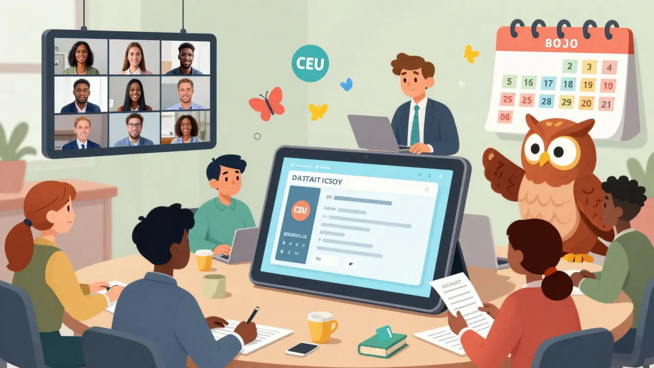 Professionals engage with interactive learning activities at a whimsical certification renewal hub, with floating CEU icons.