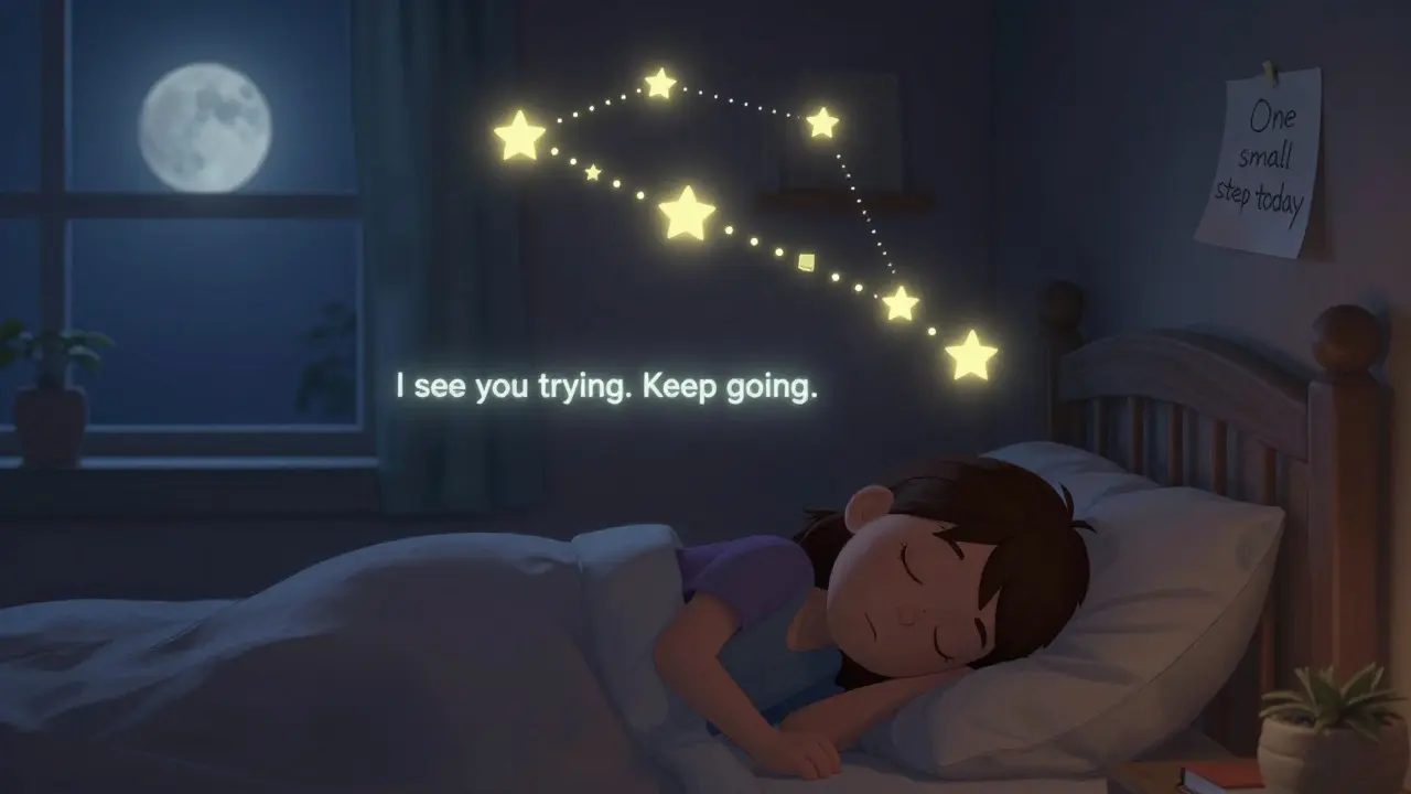 Sleeping person surrounded by gentle glowing nudges shaped like stars and books, whispering encouragement at night.
