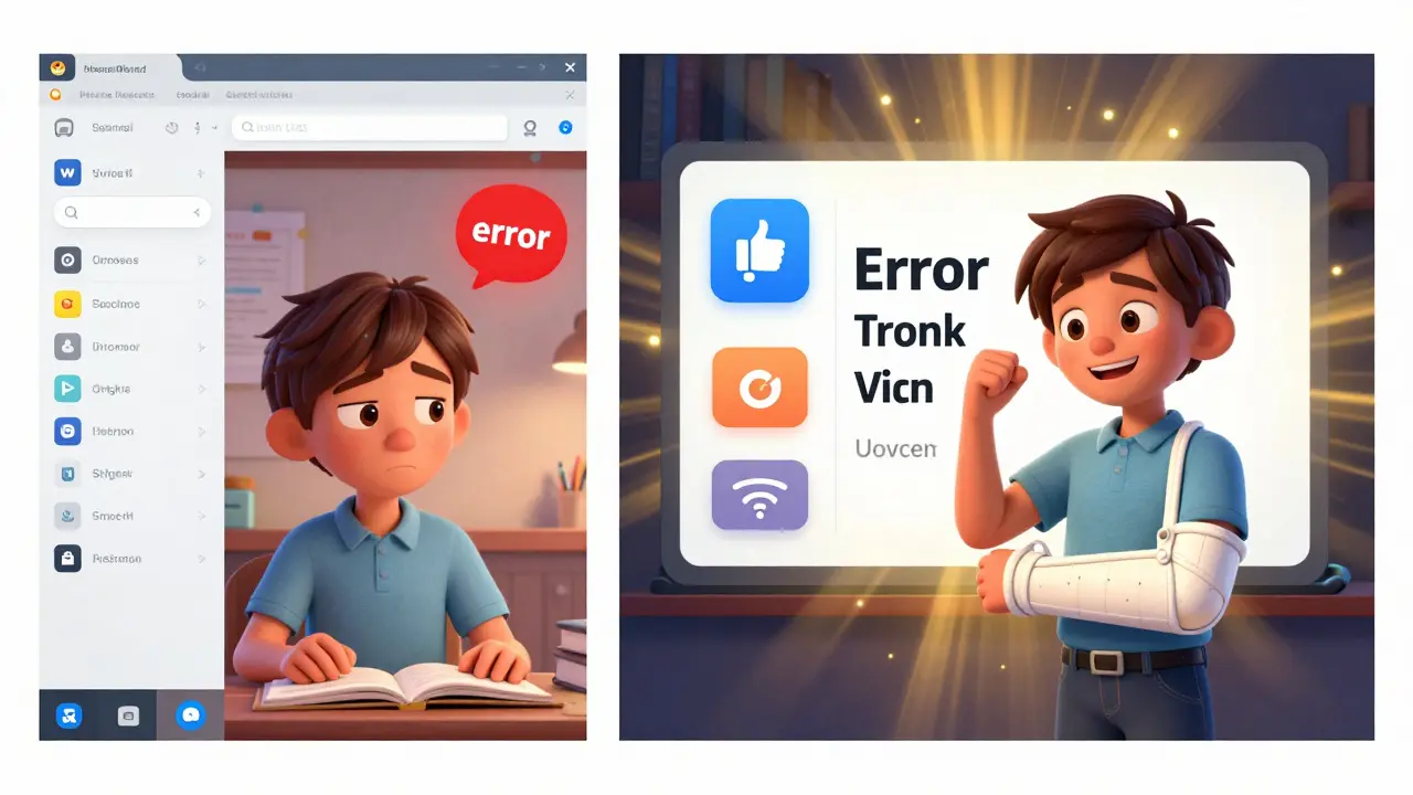 Split-screen: chaotic app vs. clean, accessible learning interface with confident user and golden light.