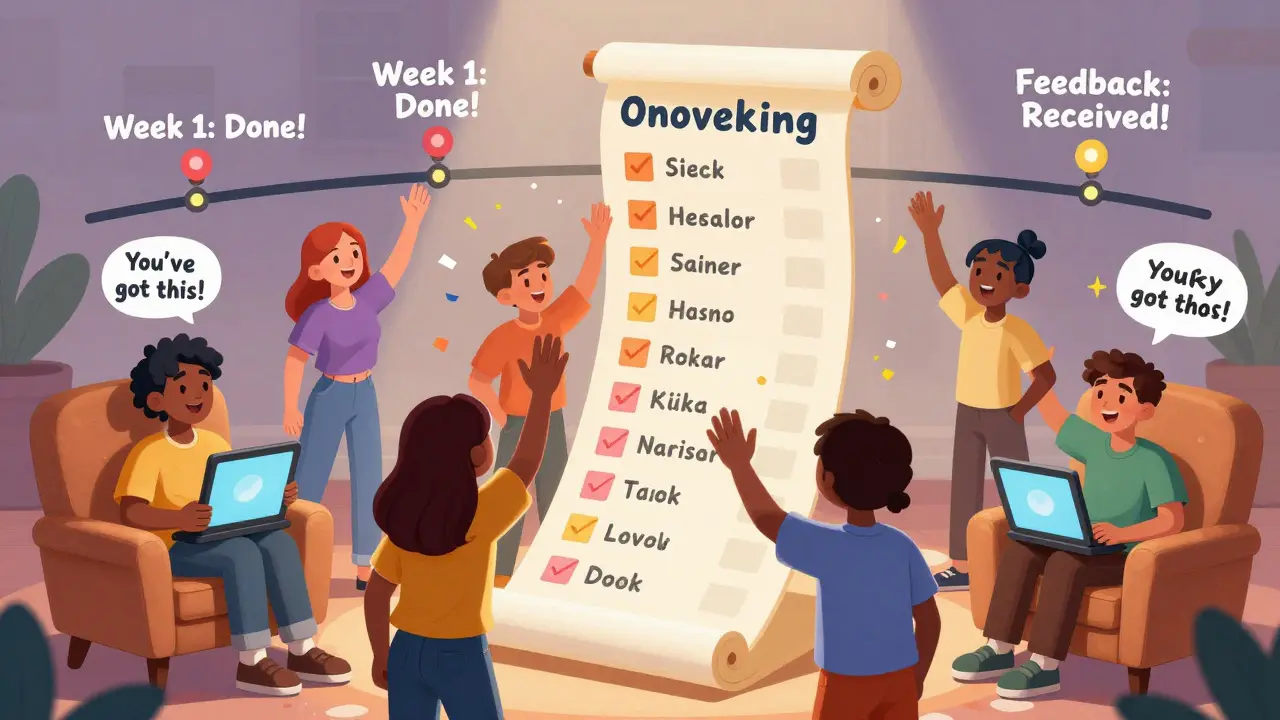 Students celebrating as an animated checklist guides them through course onboarding.