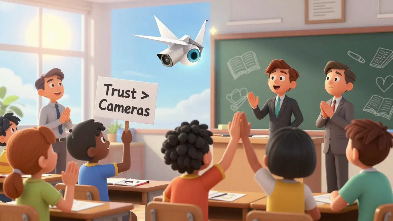 Students presenting creative projects in a bright classroom as a surveillance eye turns into a flying paper crane.