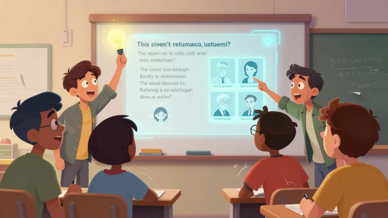 Students react excitedly to a holographic AI quiz showing a medical scenario and matching pairs.