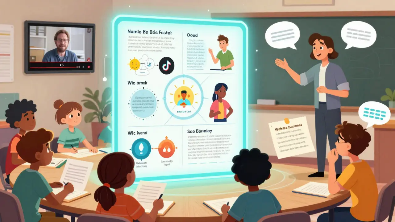 Students submitting creative assignments while teacher gives audio feedback via voice bubbles.