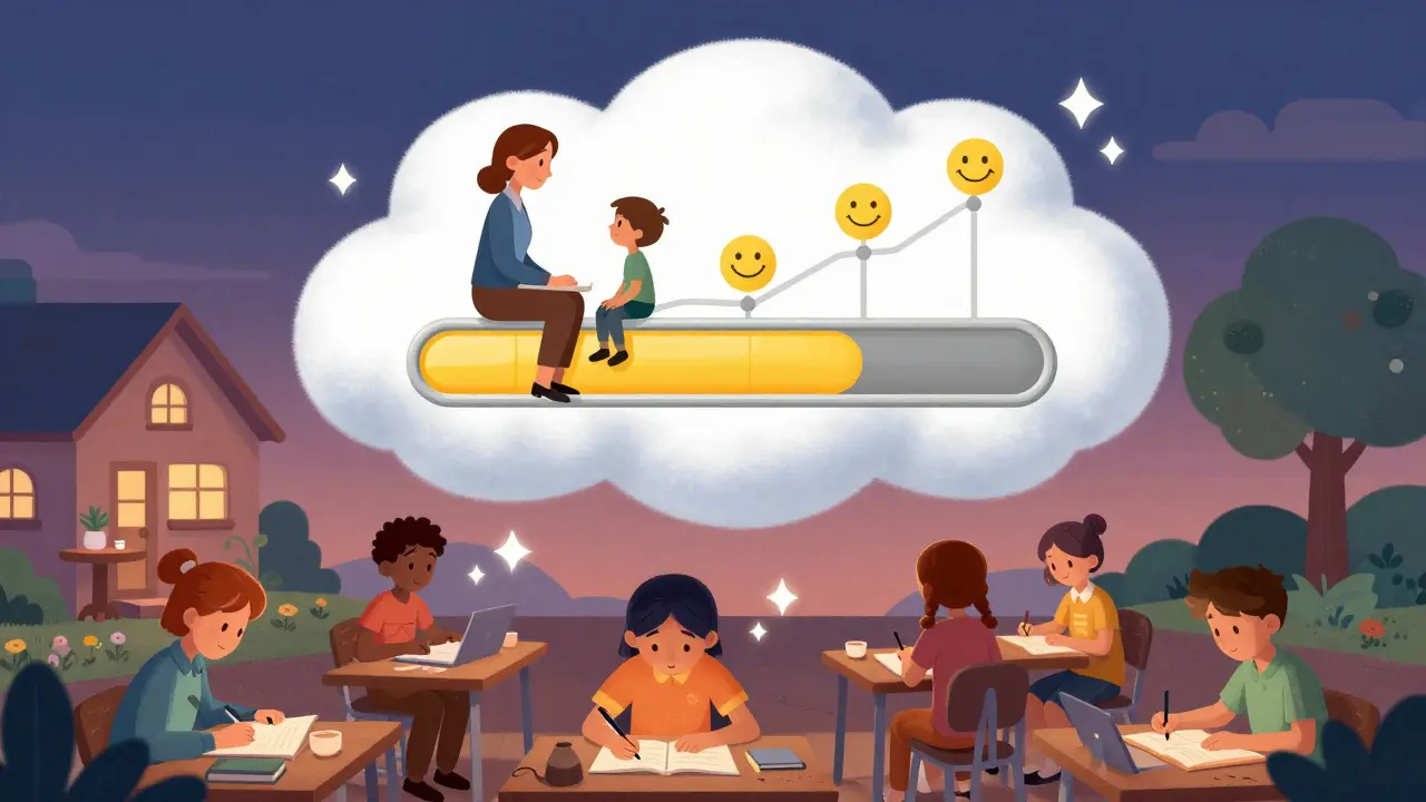 Teacher and student tracking learning progress on a glowing timeline amid diverse learners.